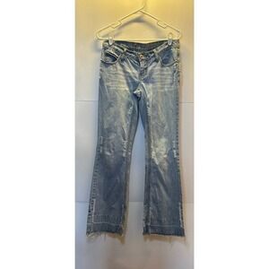 Light Wash Flare Jeans Distressed Raw Hem Low Rise Denim Pants
